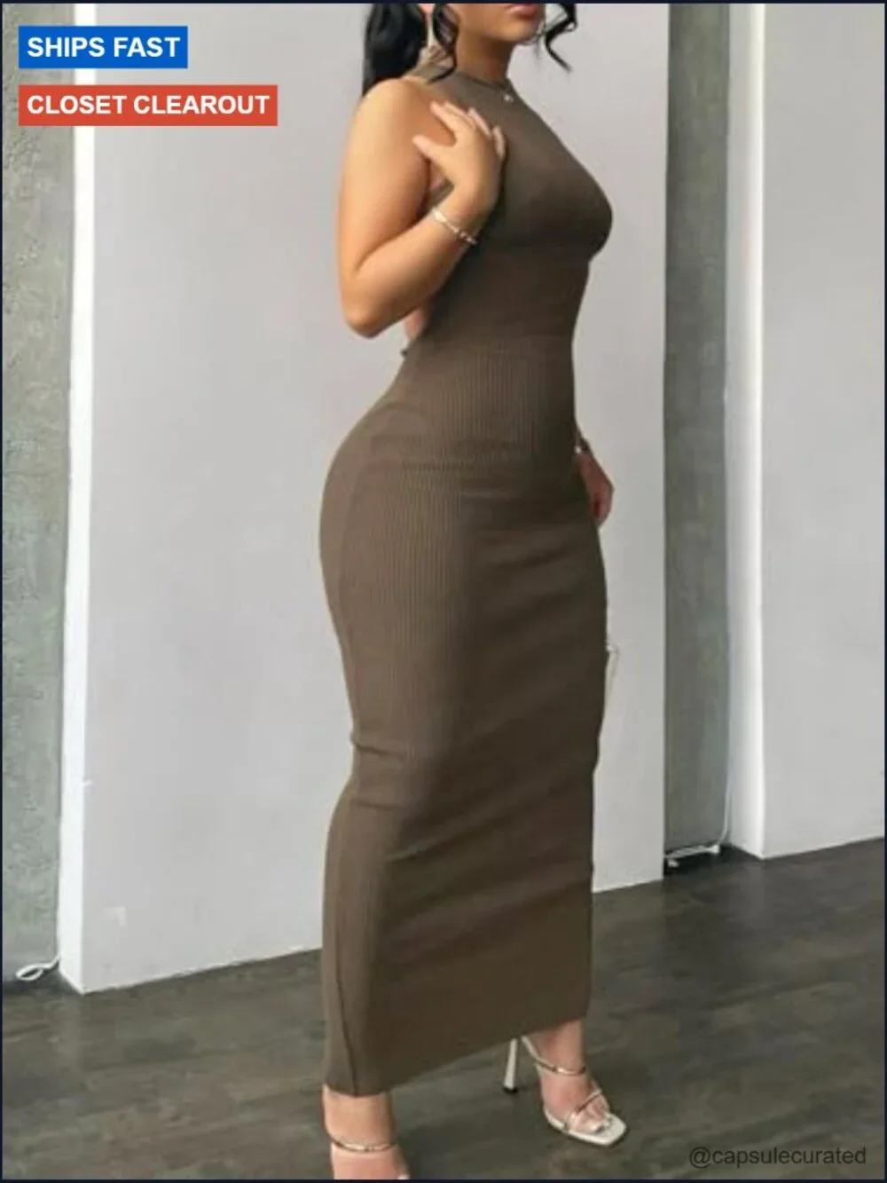Sexy Bodycon Maxi Dress Summer Casual Long Dress Halter Neck - Picture 2 of 4